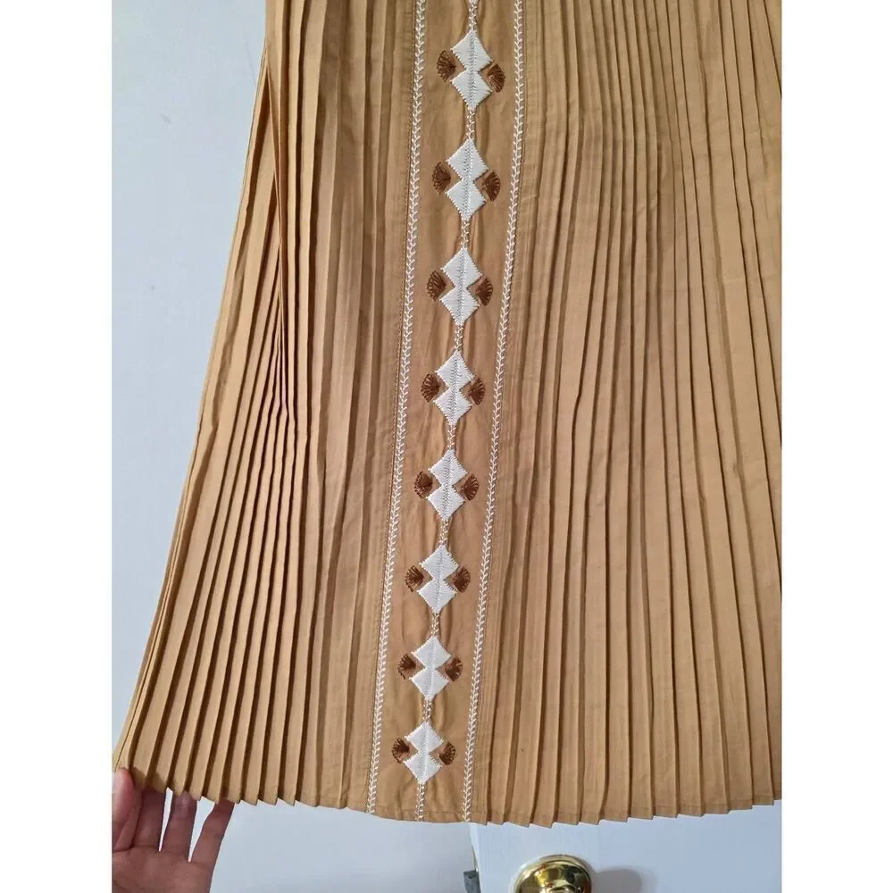 Ulla Johnson Midi Pleated Brown Sabina Embroidered Skirt 0 NWT - Picture 7 of 12